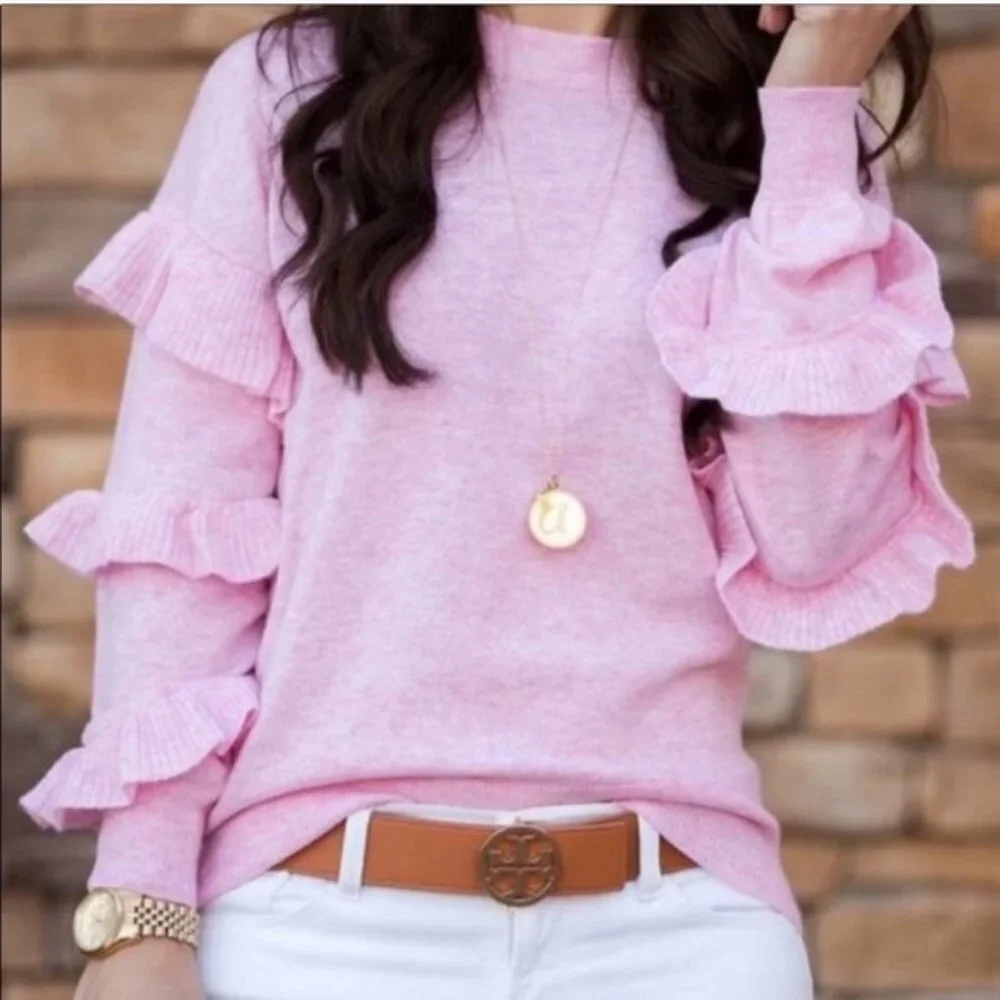 J. Crew Pink Wool Blend Warm Sweater with Ruffled Long Sleeves